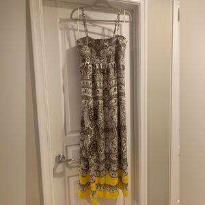 Talbots Elegant Silk Yellow and Brown Patterned Maxi Dress.